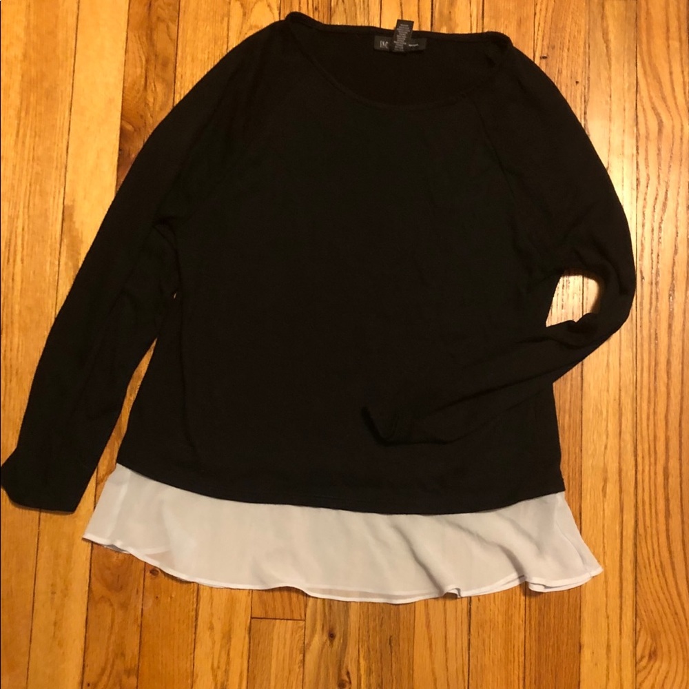 Black long sleeve top with white sheer ruffle